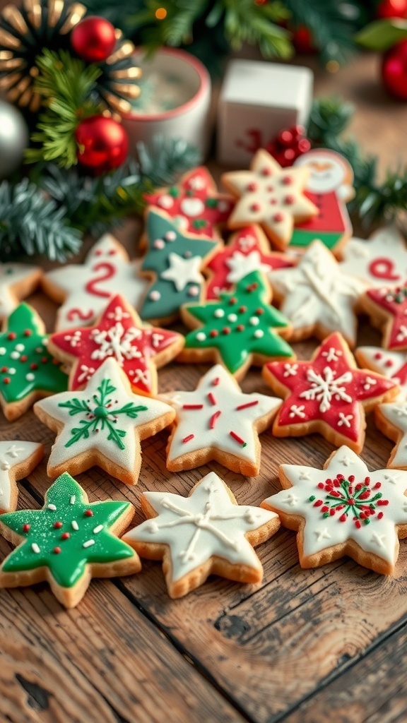 Decorated Christmas sugar cookies in festive shapes on a wooden table with holiday decorations.